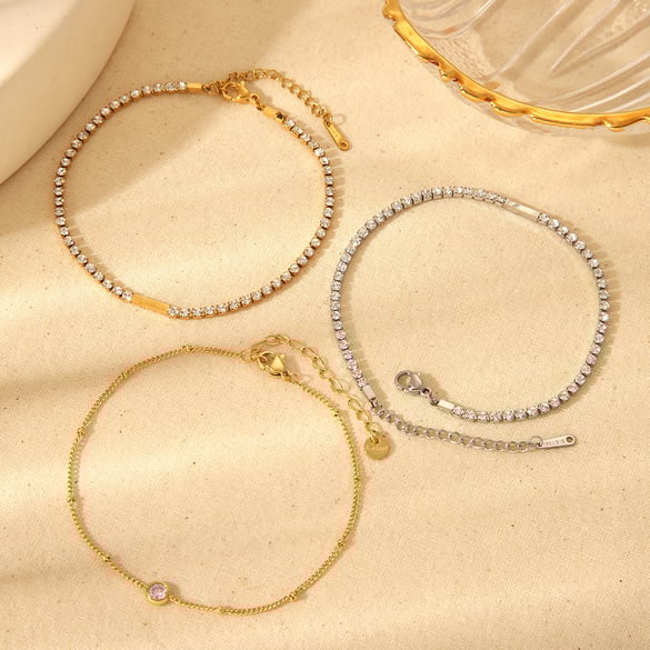 1 par de tobilleras geométricas de acero inoxidable color dorado con diamantes de imitación 2