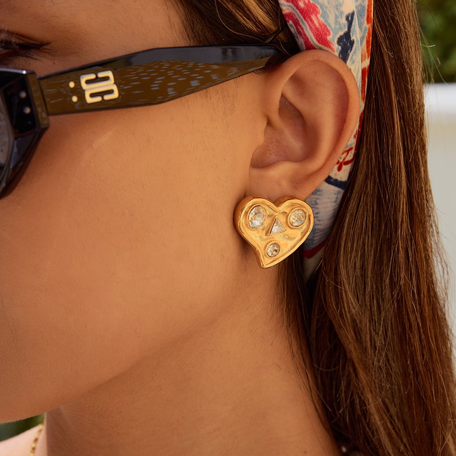 Retro Heart Stainless Steel Gold Color Stud Earrings h5Picture3