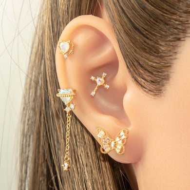 1 Çift Basit Seri Basit Kalp Bakır Altın Rengi Zirkonyum Kadın Piercing Küpe h5 Resim4