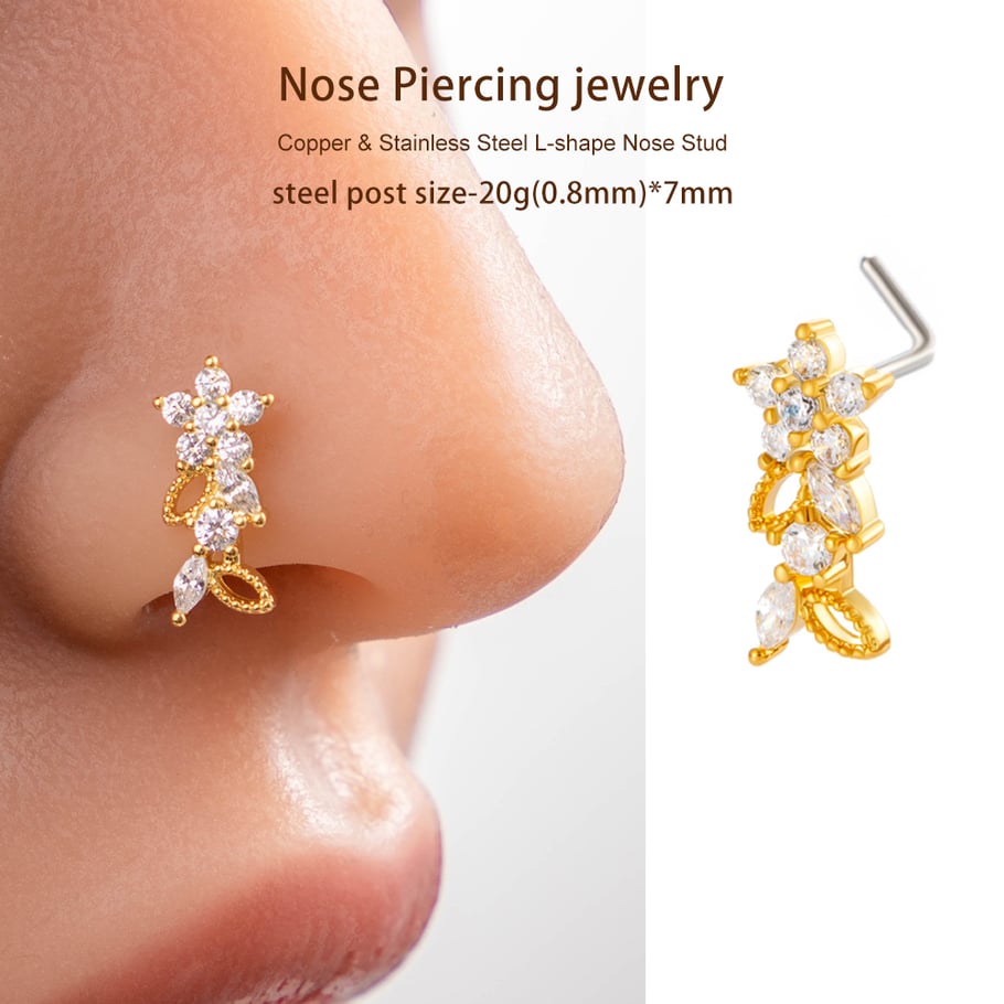 1 pièce de clou de nez en forme de fleur en cuivre doré et zircon pour femme Image6