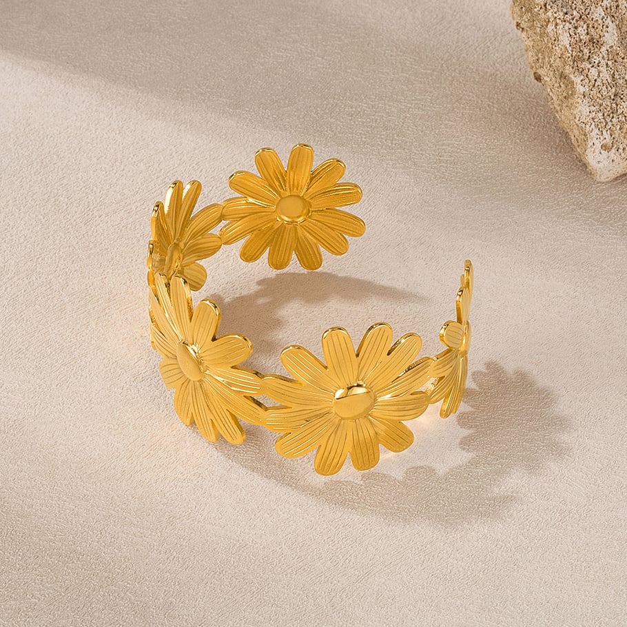 Pulseras de acero inoxidable color dorado con diseño retro de flores, serie simple, para mujer, 1 unidad Imagen5