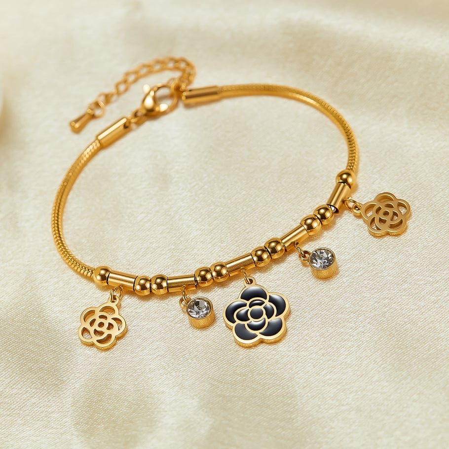 Blumen-Charm-Armbänder aus Edelstahl in Goldfarbe Bild3