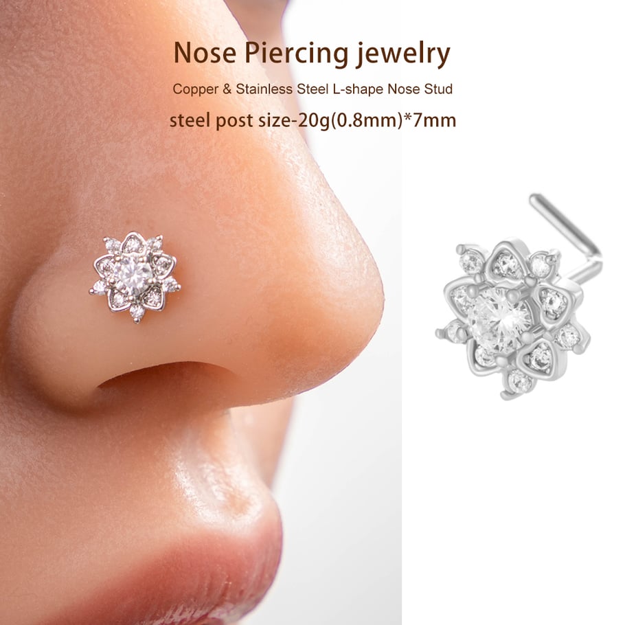 1 pièce de clou de nez luxueux en forme de fleur, couleur cuivre et or, serti de zircons pour femme Image6