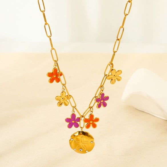 1 paio di collane con ciondolo a forma di fiore dolce, in acciaio inossidabile color oro, da donna, con zirconi