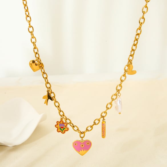 Collier pour femme en acier inoxydable avec pendentif en forme de cœur rose 2