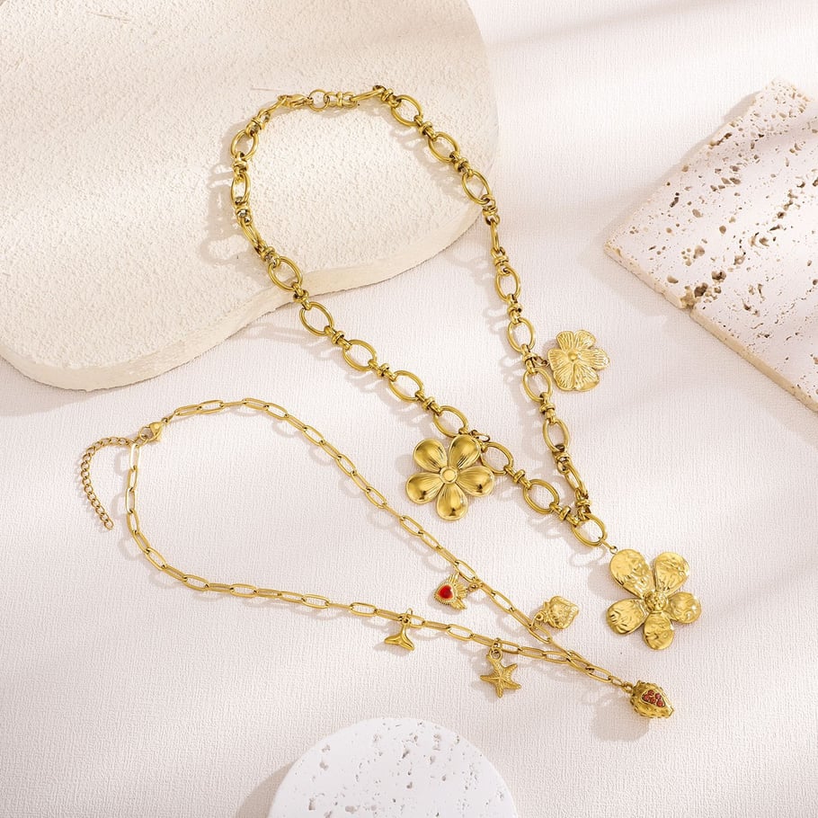 1 Paar luxuriöse Serie elegante Blume Edelstahl Gold Farbe Damen Anhänger Halsketten Bild5