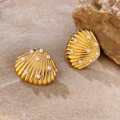 1 paio di splendidi orecchini a bottone da donna in acciaio inossidabile color oro con conchiglia h5 Immagine6