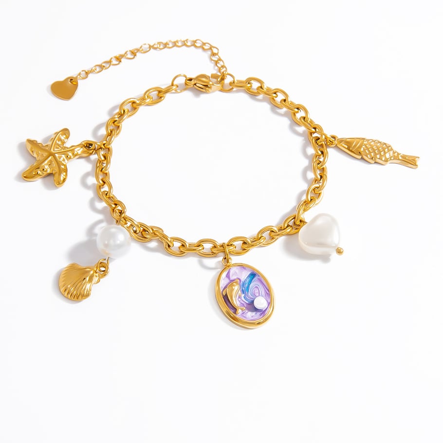 Vacation Turtle Stainless Steel Gold Color Artificial Pearl Women's Charm Bracelets Picture6