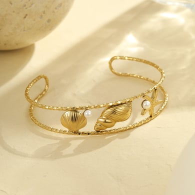 Pulseras de acero inoxidable de lujo para mujer, color dorado, con temática de caracola h5 Imagen5