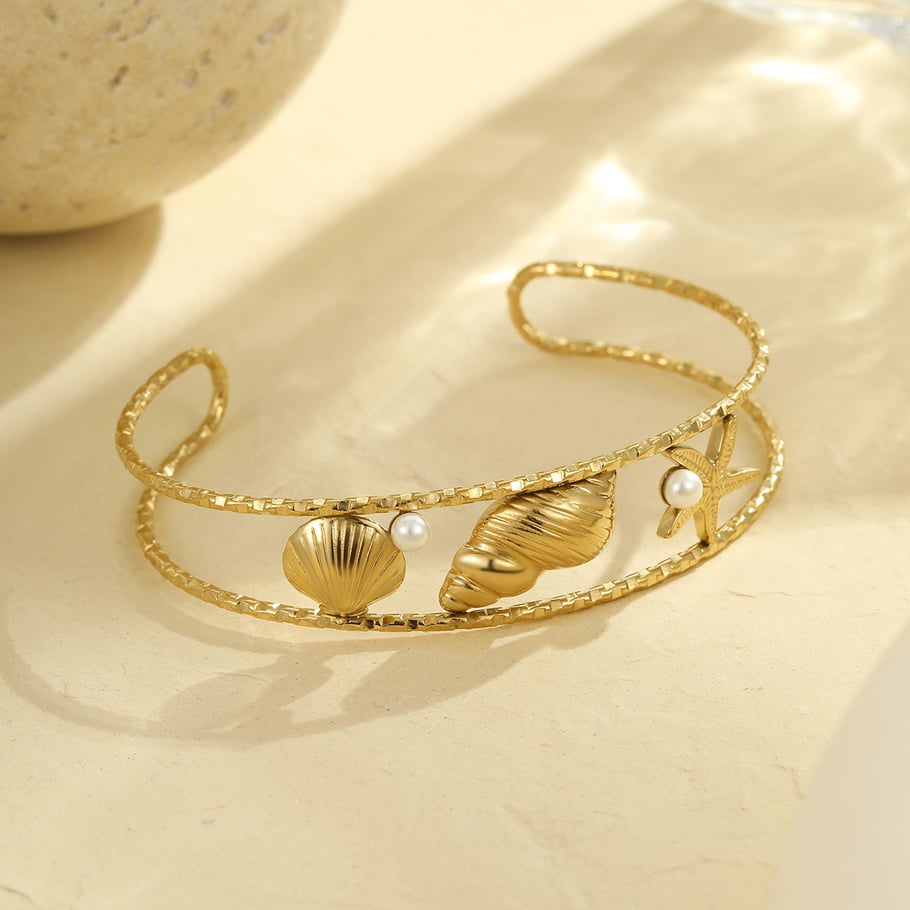 Pulseras de acero inoxidable de lujo para mujer, color dorado, con temática de caracola Imagen5