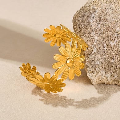 Pulseras de acero inoxidable color dorado con diseño retro de flores, serie simple, para mujer, 1 unidad h5 Imagen6