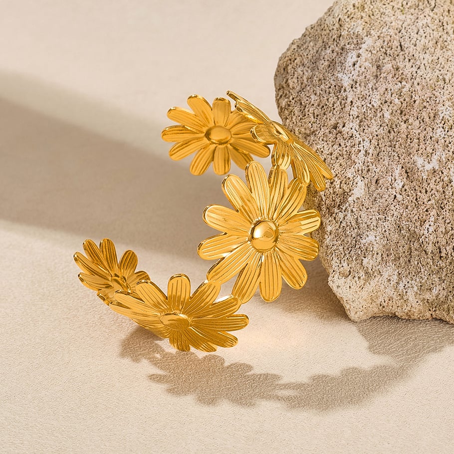 Pulseras de acero inoxidable color dorado con diseño retro de flores, serie simple, para mujer, 1 unidad Imagen6