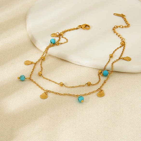 1 par de tobilleras de acero inoxidable con forma de tortuga bohemia, color dorado y piedras preciosas artificiales.