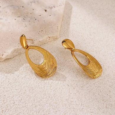 1 paio di orecchini pendenti ovali retrò in acciaio inossidabile color oro da donna h5 Immagine6