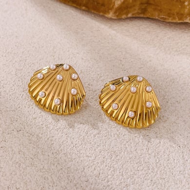 1 paio di splendidi orecchini a bottone da donna in acciaio inossidabile color oro con conchiglia h5 Immagine8
