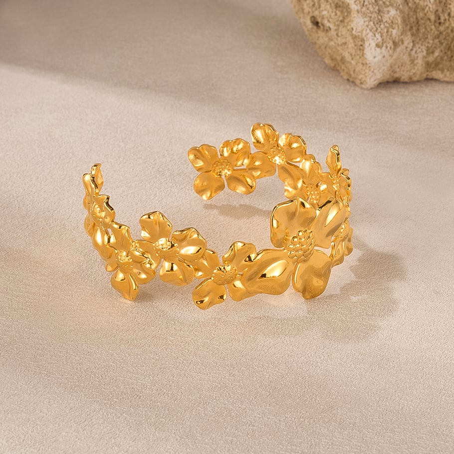 Bracelet manchette élégant en acier inoxydable doré pour femme, série simple, motif floral Image6