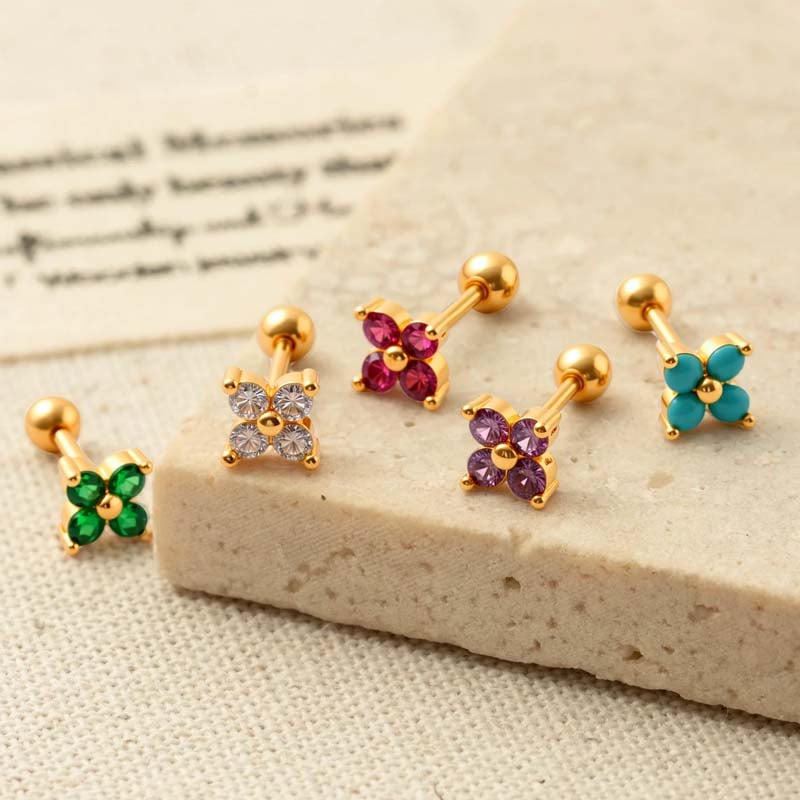1 paire de boucles d&#39;oreilles piercing pour femme en forme de fleur simple, couleur cuivre et or, zircone Image6