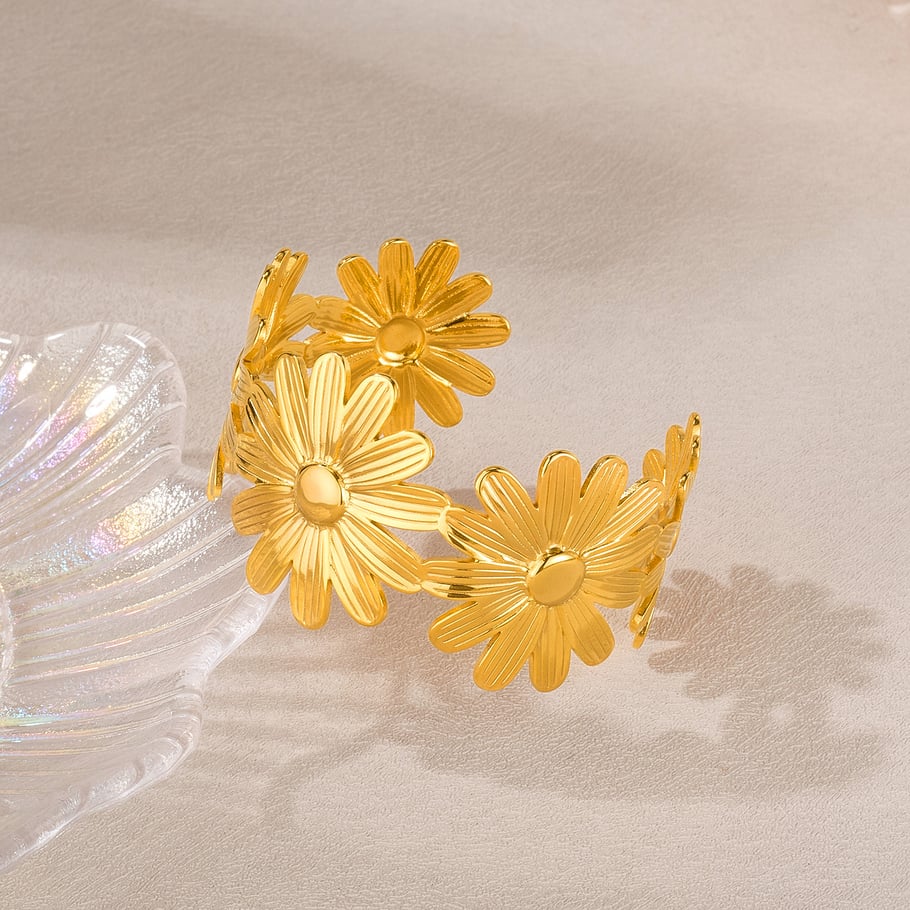 Pulseras de acero inoxidable color dorado con diseño retro de flores, serie simple, para mujer, 1 unidad Imagen3