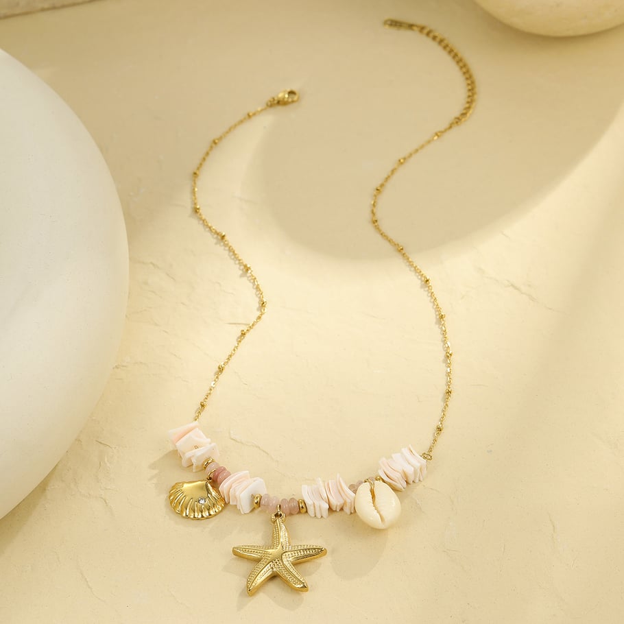 Collar con colgante de estrella de mar y concha de diseño creativo en color dorado para mujer Imagen3