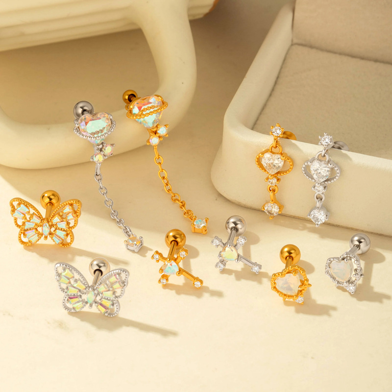 1 Çift Basit Seri Basit Kalp Bakır Altın Rengi Zirkonyum Kadın Piercing Küpe Resim5