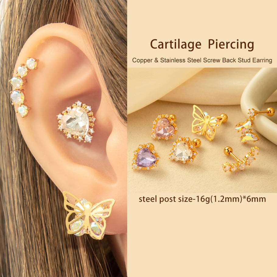 1 Çift Basit Seri Basit Kalp Bakır Altın Rengi Zirkonyum Kadın Piercing Küpe Resim4