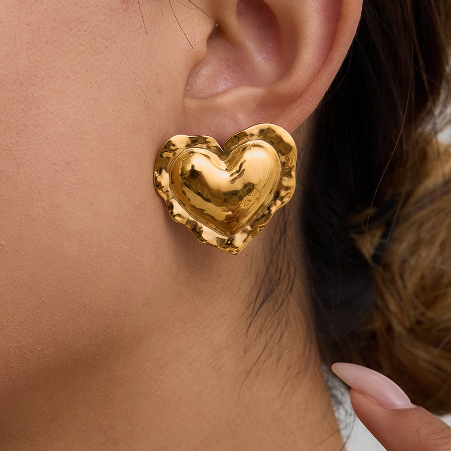 Pendientes de botón de acero inoxidable dorado con forma de corazón retro Imagen4