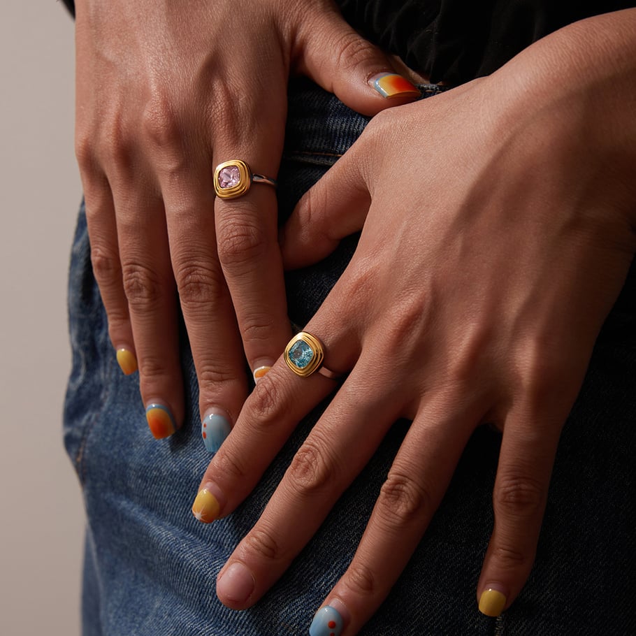 Simple Stainless Steel Gold Color Gemstone Rings h5Picture3