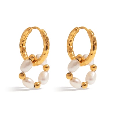 Retro Stainless Steel  Gold Color Pearl Hoop Earrings h5 