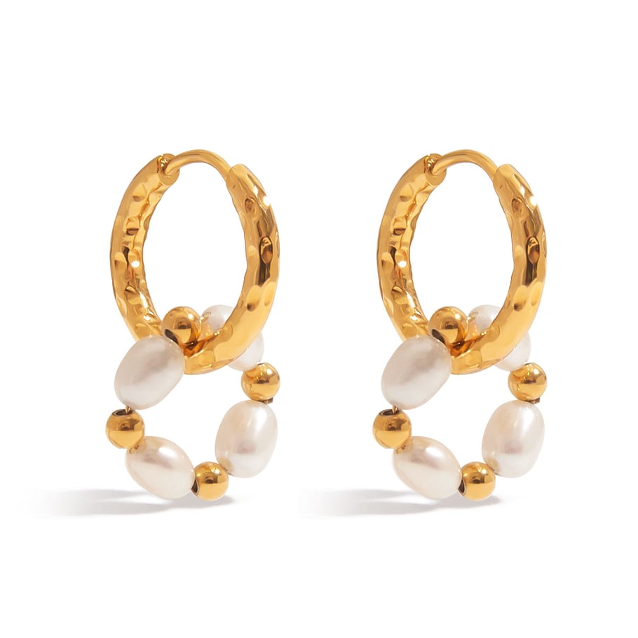 Retro Stainless Steel  Gold Color Pearl Hoop Earrings 