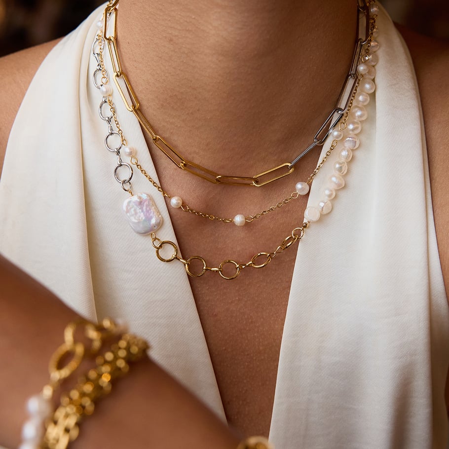 Retro Chain Stainless Steel Gold Color Pearl Pendant Necklaces Picture4