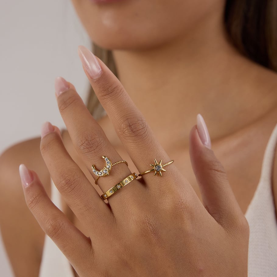 Casual Sun/Moon Stainless Steel Gold Color Ring Sets Picture5