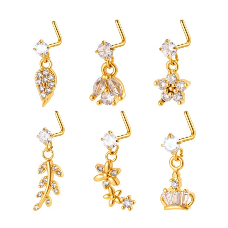 1 paire de piercings de nez pour femme, série Simple, fleur simple, cuivre, couleur or, zircon Image6