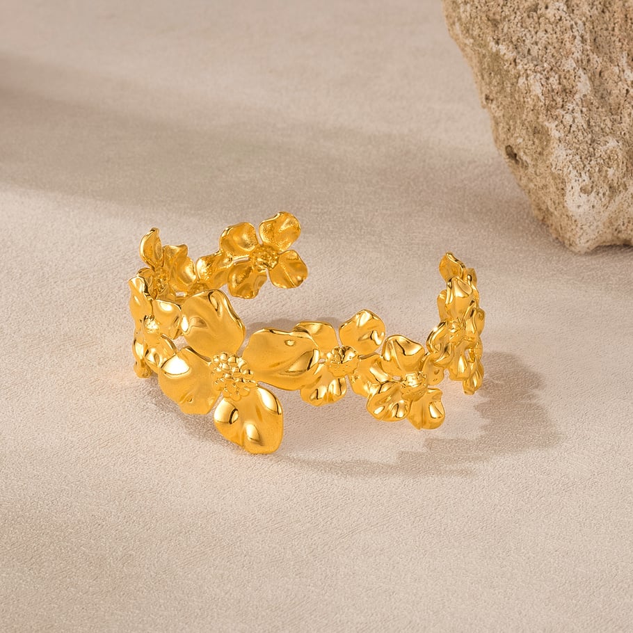 Bracelet manchette élégant en acier inoxydable doré pour femme, série simple, motif floral Image3