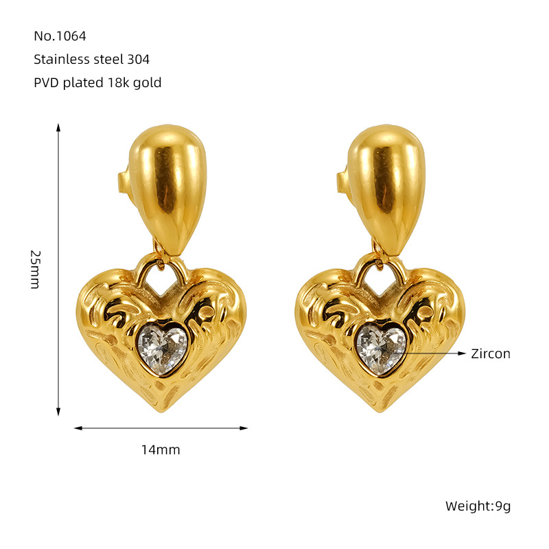Orecchini pendenti in acciaio inossidabile color oro con cuore retrò Immagine2