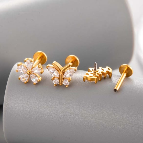 Flower Stainless Steel Gold Color  Zircon Piercings Earrings