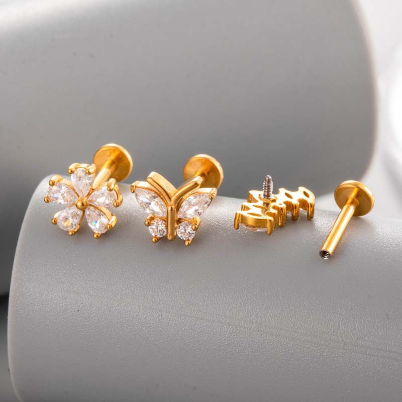 Flower Stainless Steel Gold Color  Zircon Piercings Earrings Picture3