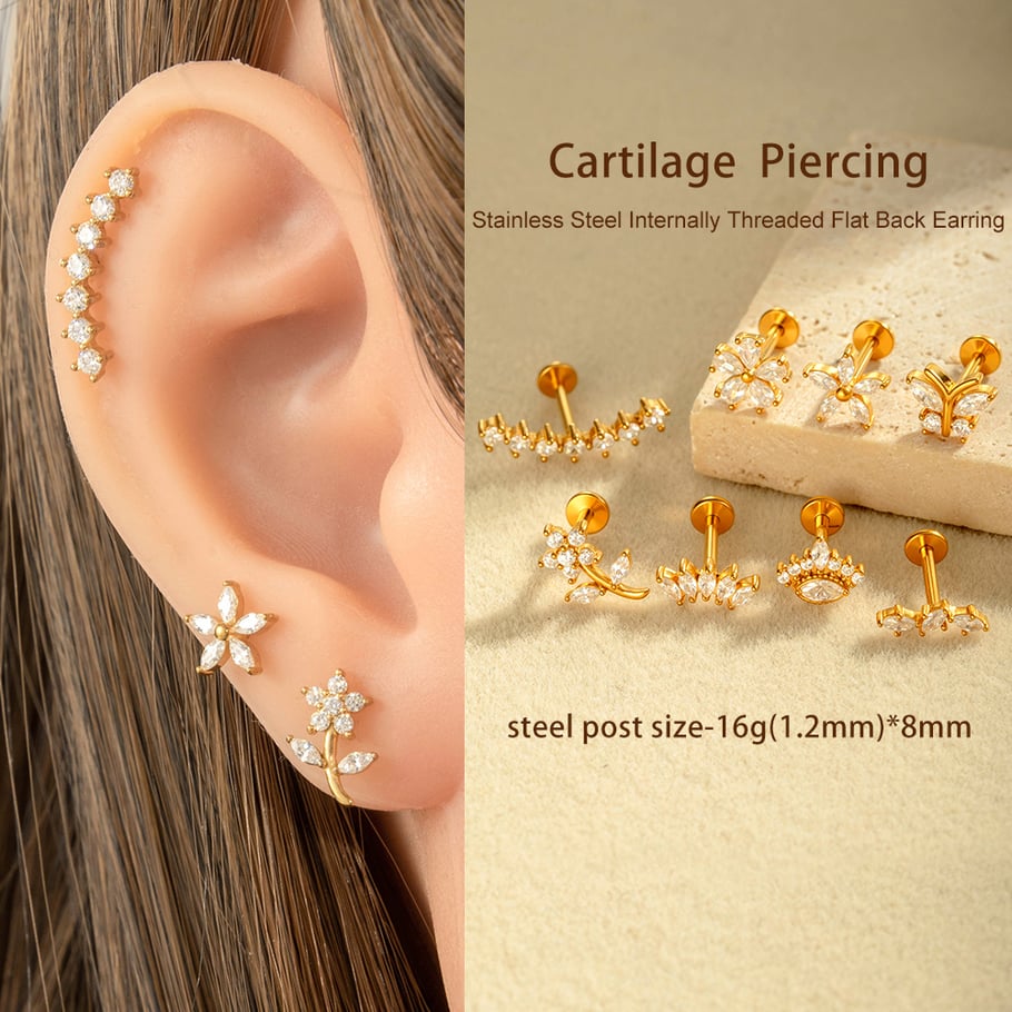 Flower Stainless Steel Gold Color  Zircon Piercings Earrings Picture4