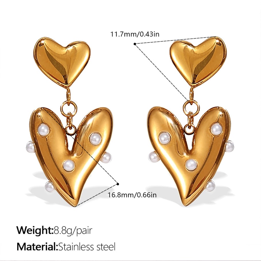Pendientes colgantes de acero inoxidable color dorado con forma de corazón 