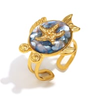Anillo abierto con forma de estrella de mar, concha rota y gota de aceite - Azul dorado Imagen3