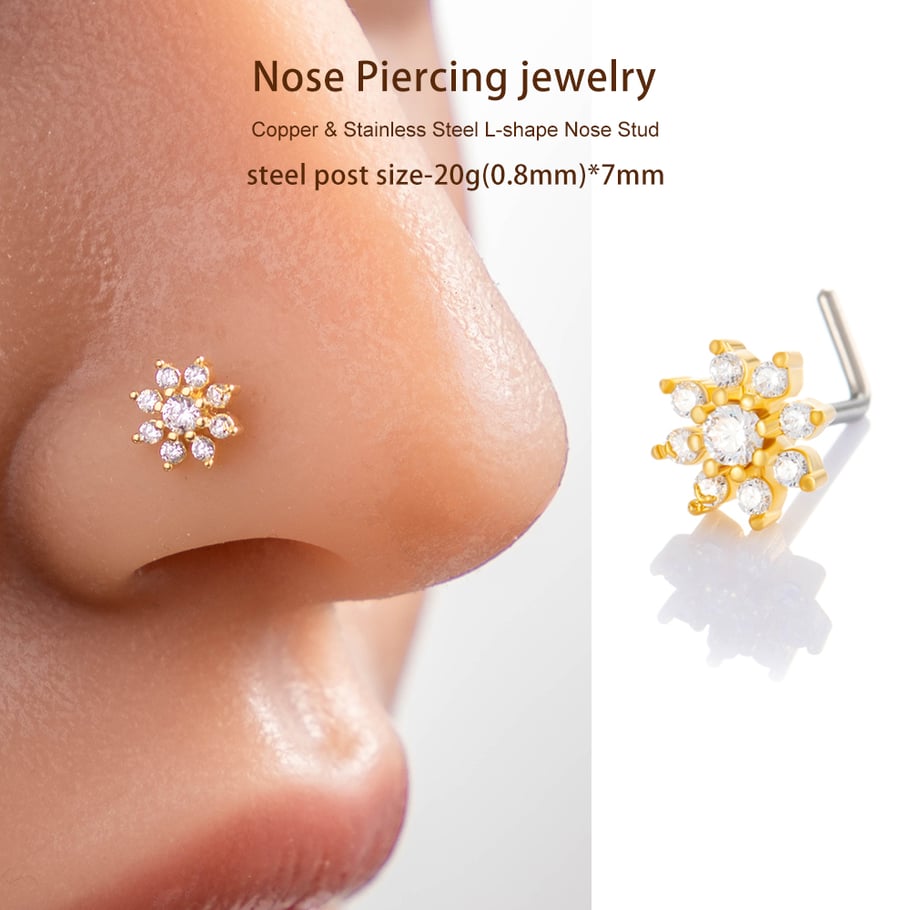 1 pièce de clou de nez en forme de fleur en cuivre doré et zircon pour femme Image5