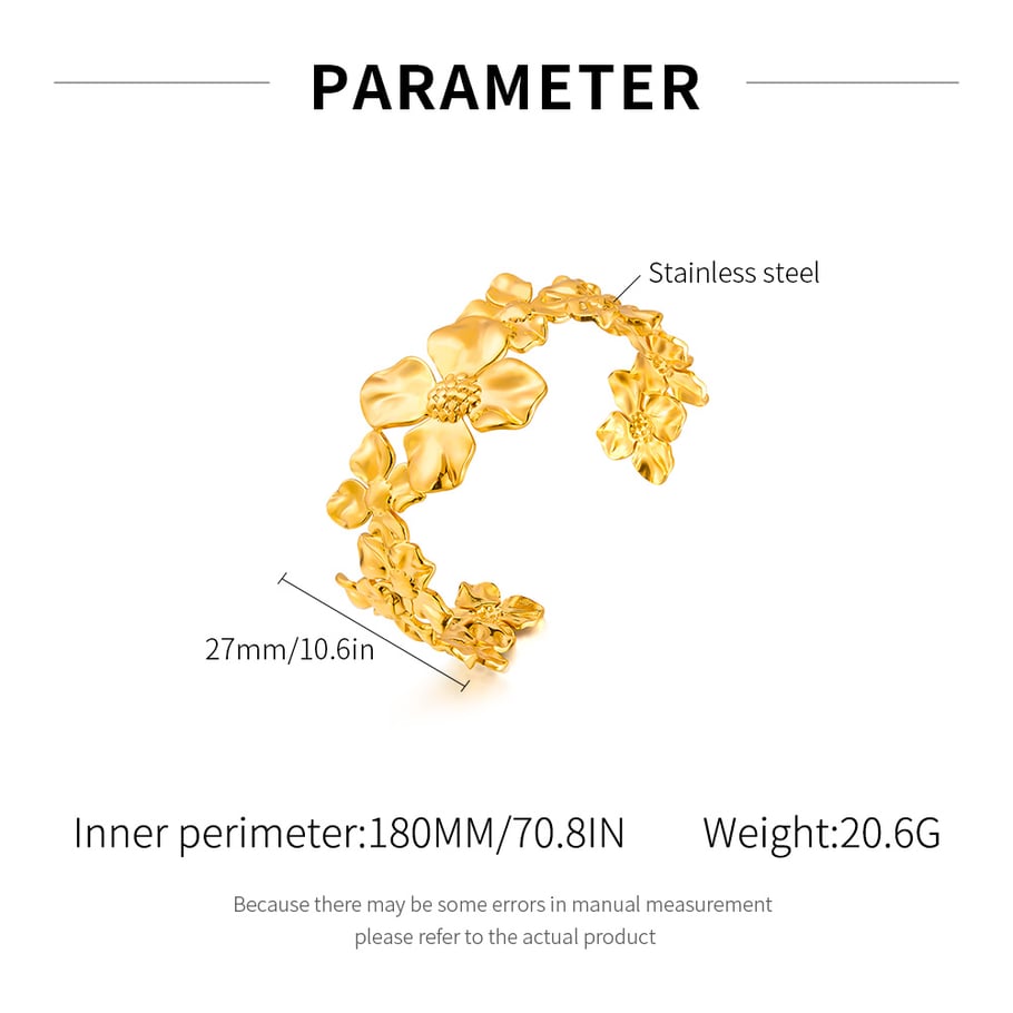 Bracelet manchette élégant en acier inoxydable doré pour femme, série simple, motif floral Image2
