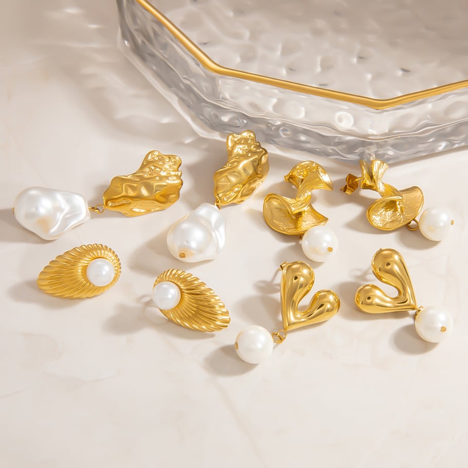 Orecchini pendenti geometrici in acciaio inossidabile color oro Immagine6
