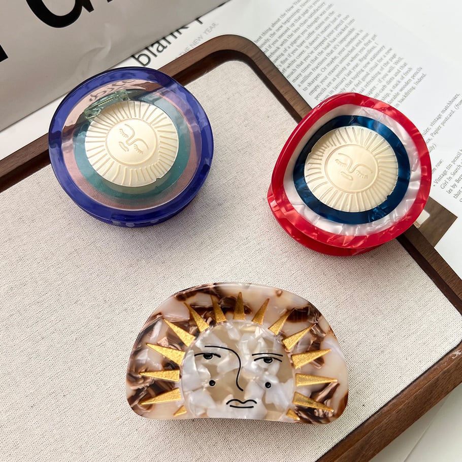 1 par de pinzas para el cabello de acetato para mujer, serie simple, informales, con diseño de sol y luna Imagen3