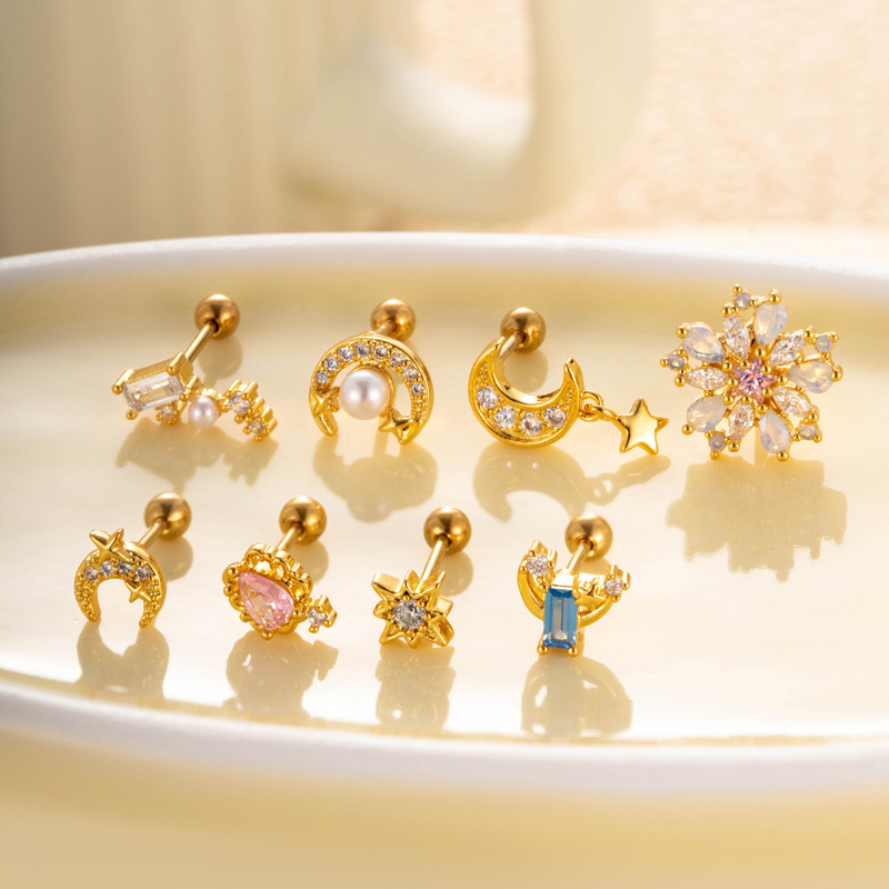 1 Pair Simple Series Simple Sun/Moon Copper   Gold Color  Zircon Women's Piercings Earrings Picture5