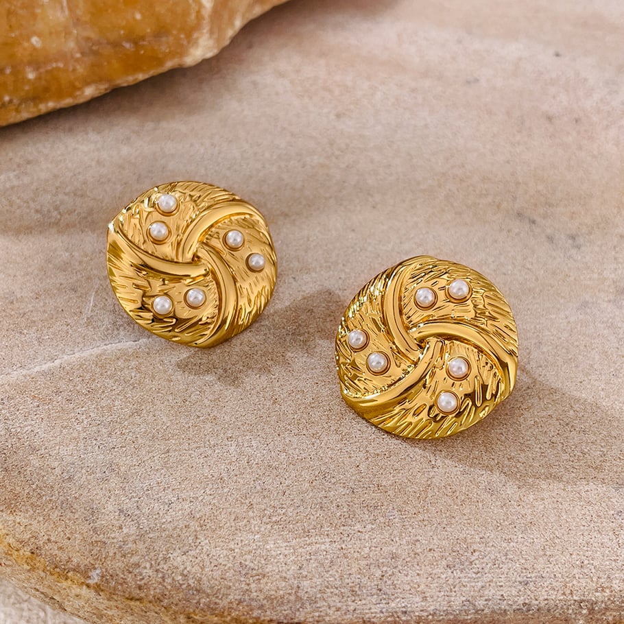 1 par de pendientes de botón de acero inoxidable con perlas artificiales de color dorado y geométricos de uso diario para mujer Imagen6