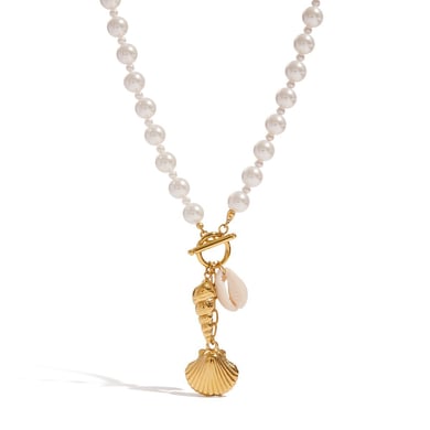 Oceanic Stainless Steel Gold Color Shell Beaded Necklaces h5 Picture5