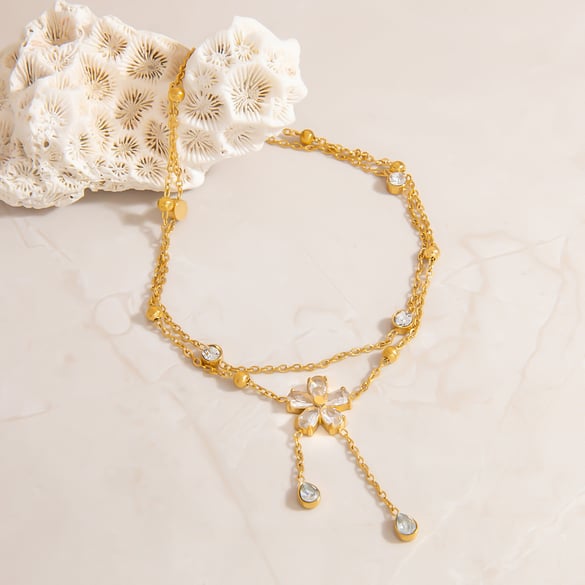 1 Stück glamouröse Blumen-Fußkettchen aus Edelstahl in Goldfarbe für Damen 2