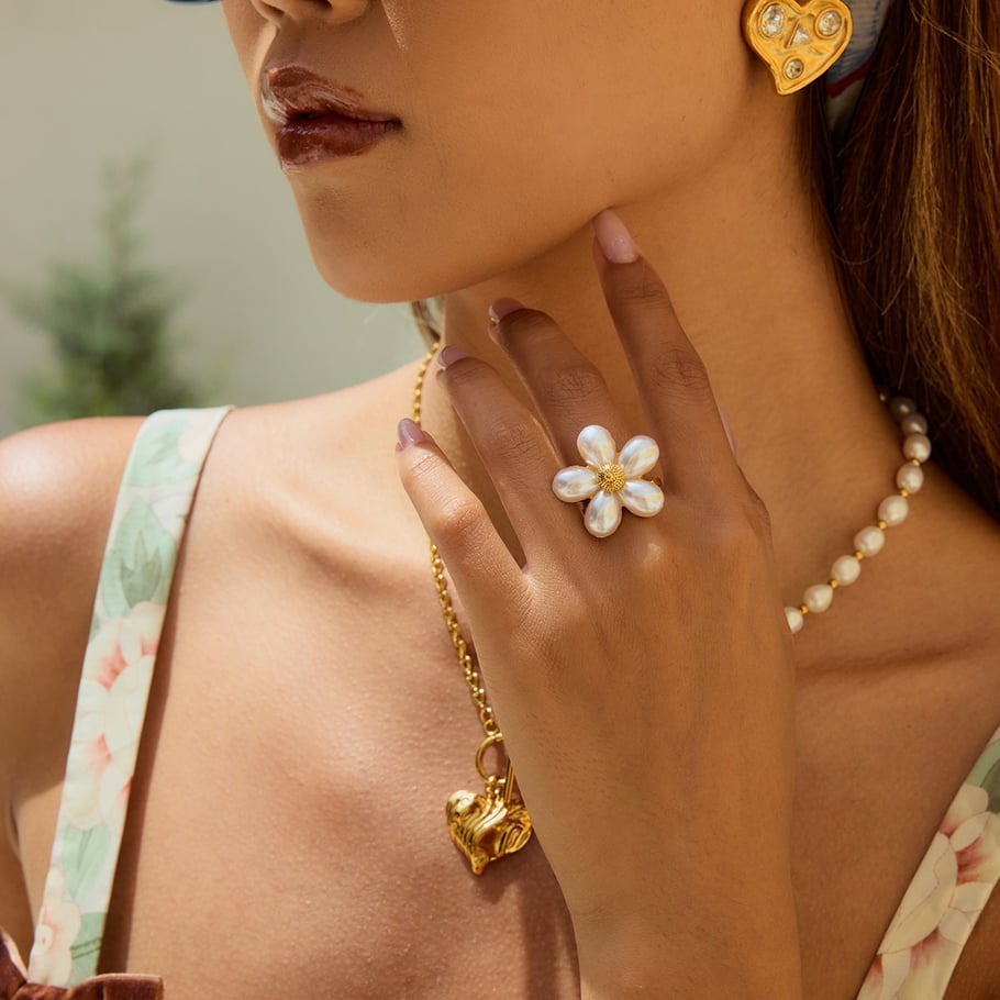 Romantic Flower Stainless Steel Gold Color Statement Ring Picture4
