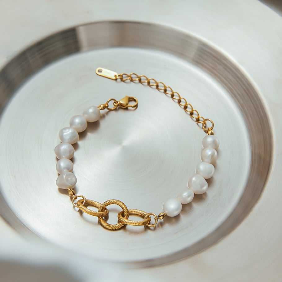Elegant Stainless Steel Gold Color Pearl Beaded Bracelet Picture4