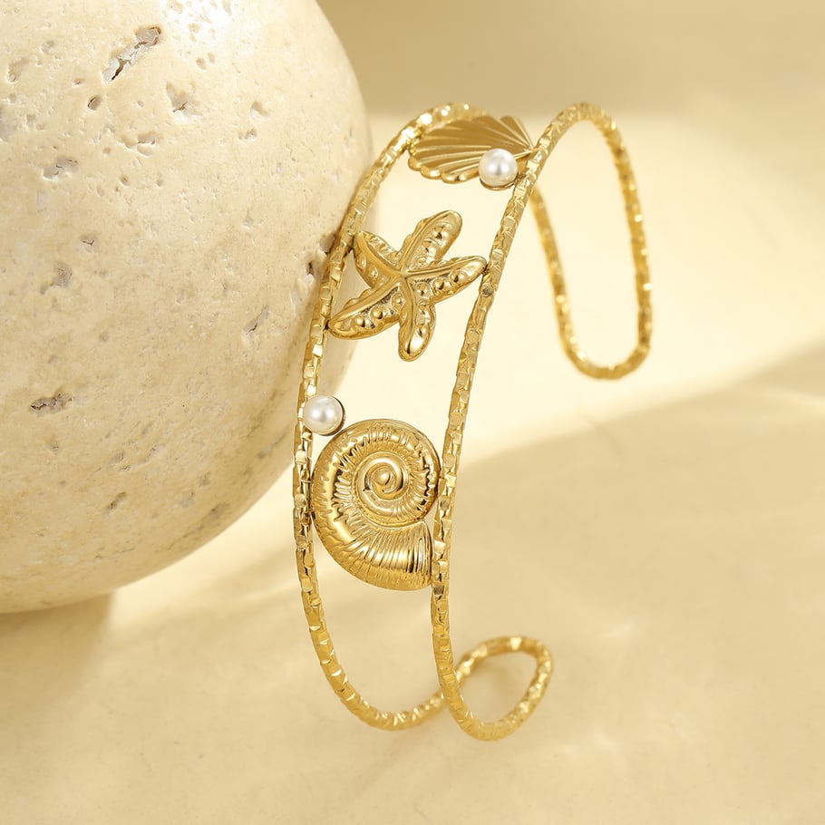Pulseras de acero inoxidable de lujo para mujer, color dorado, con temática de caracola Imagen4